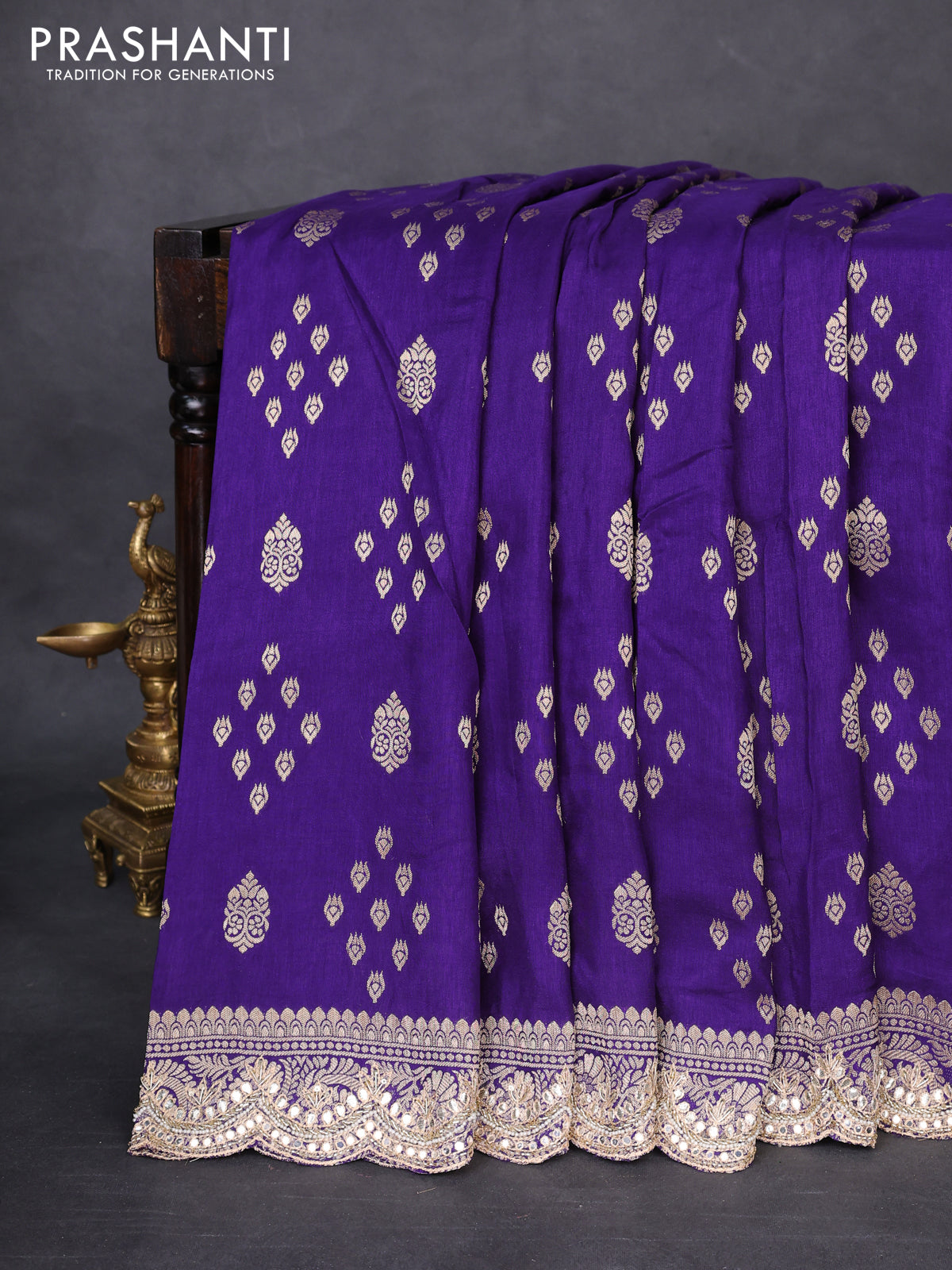 Banarasi silk saree violet with allover zari woven butta weaves and gotapatti work border