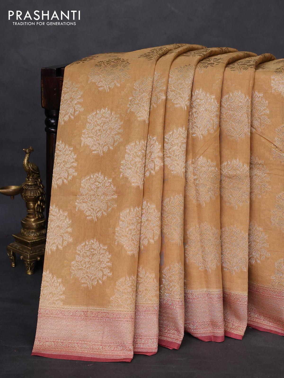 Banarasi tissue silk cotton saree sandal and maroon with zari woven buttas and woven border