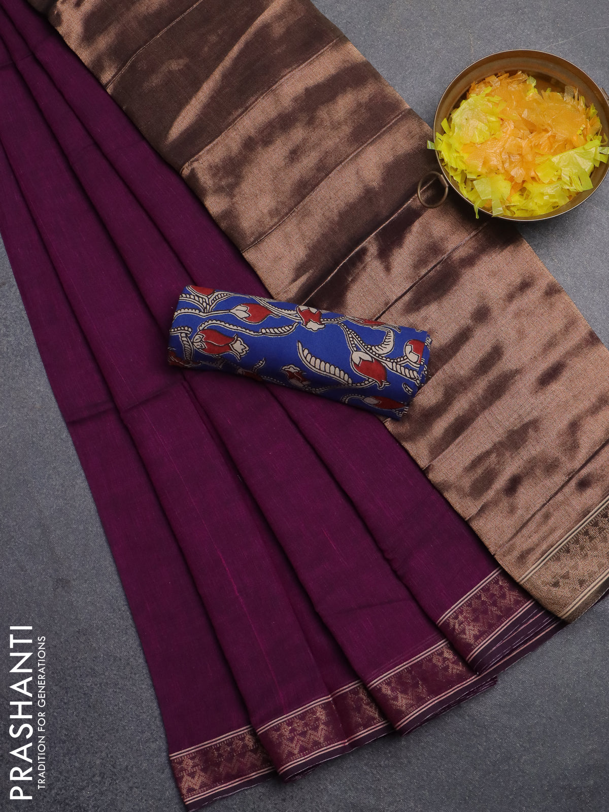 Bengal soft cotton saree purple and blue with plain body and zari woven border