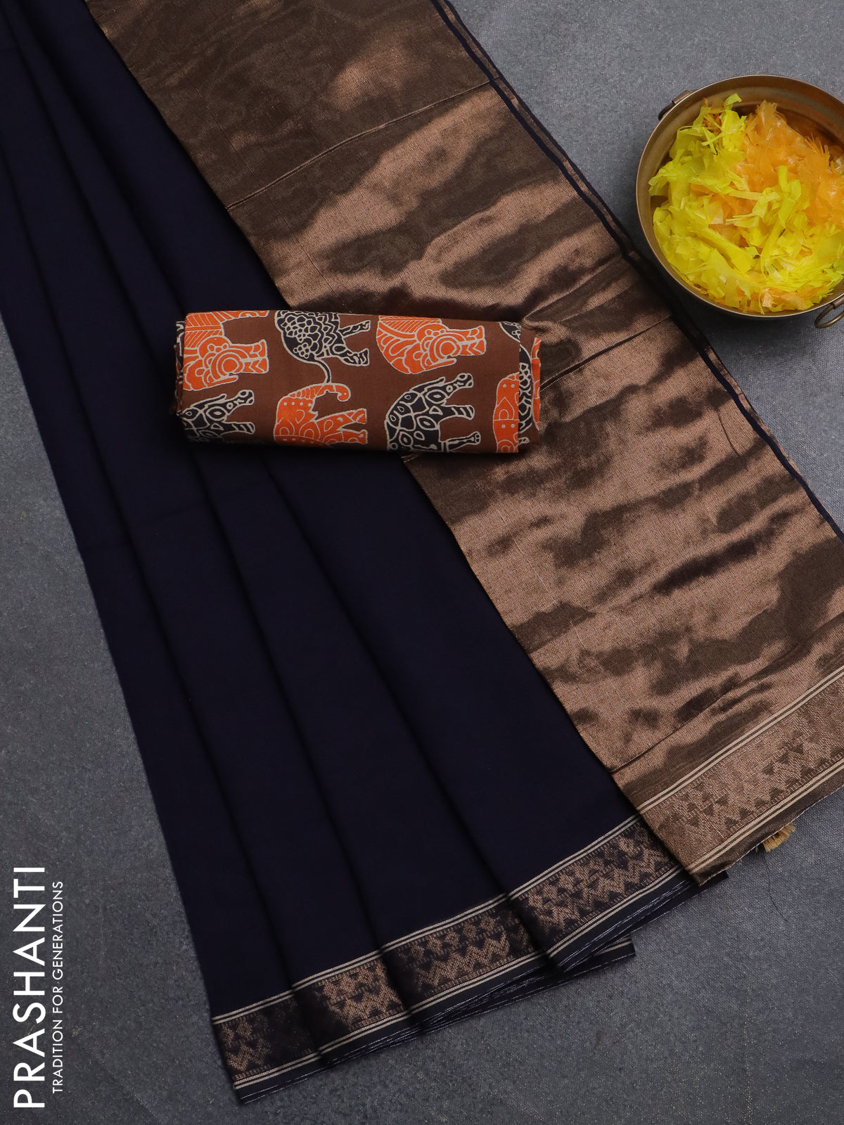 Bengal soft cotton saree navy blue and brown with plain body and zari woven border
