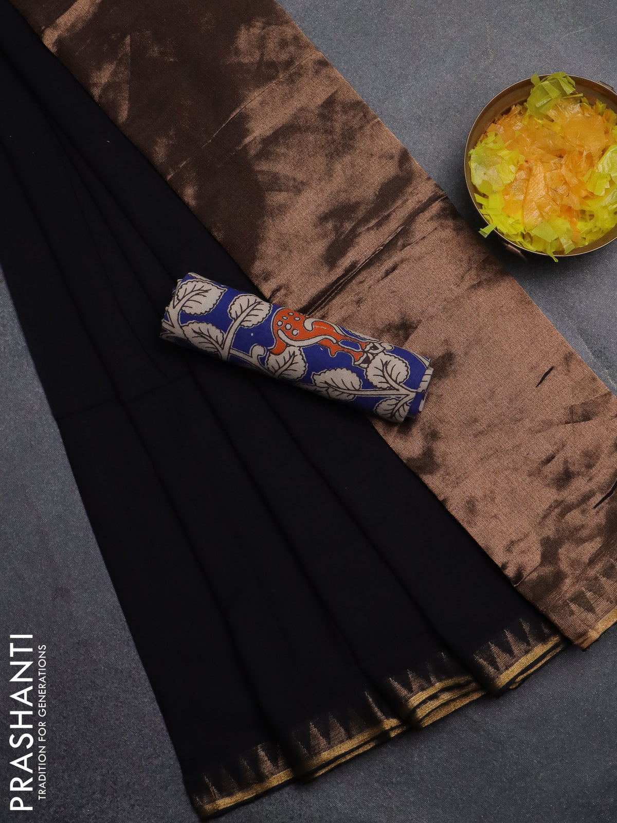 Bengal soft cotton saree black and blue with plain body and zari woven border