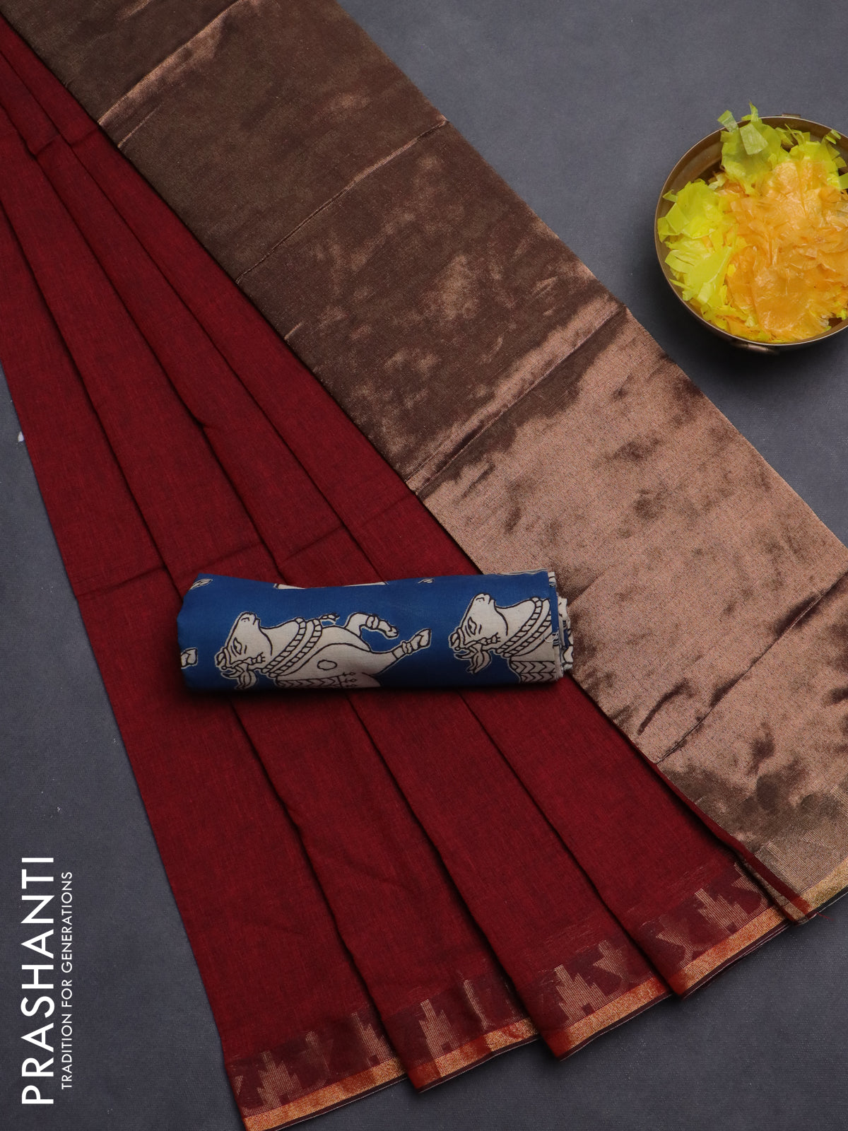 Bengal soft cotton saree maroon and cs blue with plain body and zari woven border