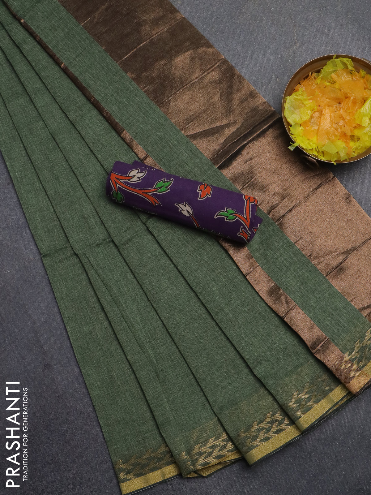 Bengal soft cotton saree pastel green and violet with plain body and zari woven border