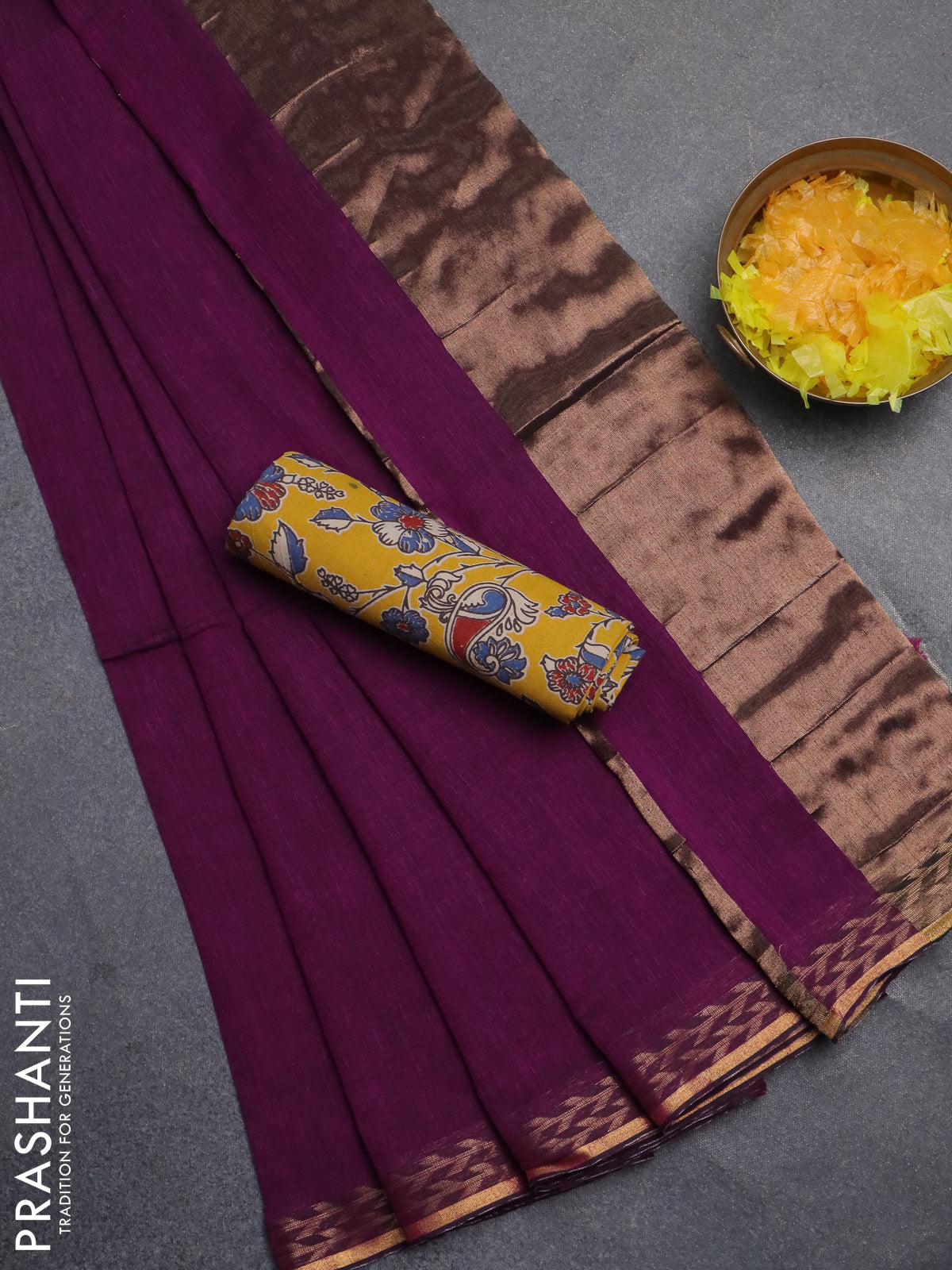 Bengal soft cotton saree purple and yellow with plain body and zari woven border