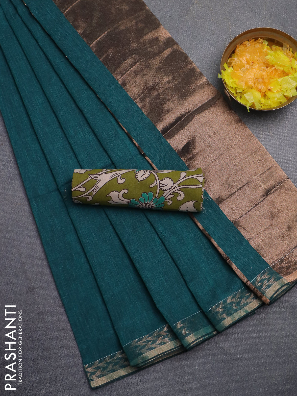 Bengal soft cotton saree teal green and light green with plain body and zari woven border
