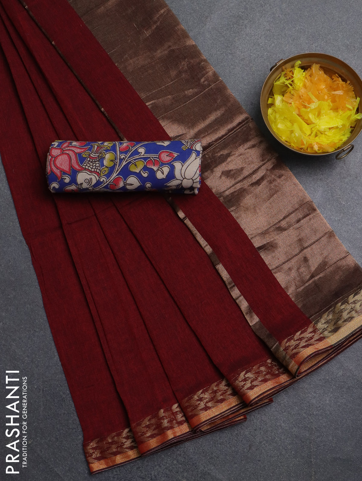 Bengal soft cotton saree maroon and blue with plain body and zari woven border