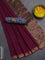Bengal soft cotton saree dark magenta pink and blue with plain body and zari woven border