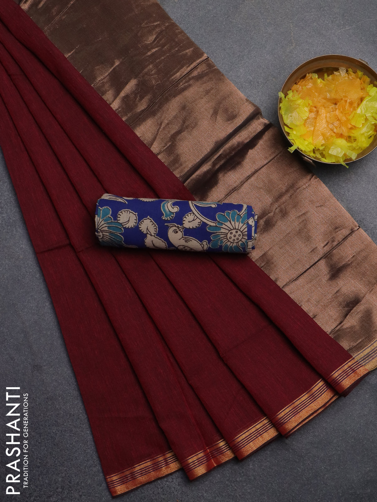 Bengal soft cotton saree maroon and blue with plain body and zari woven border