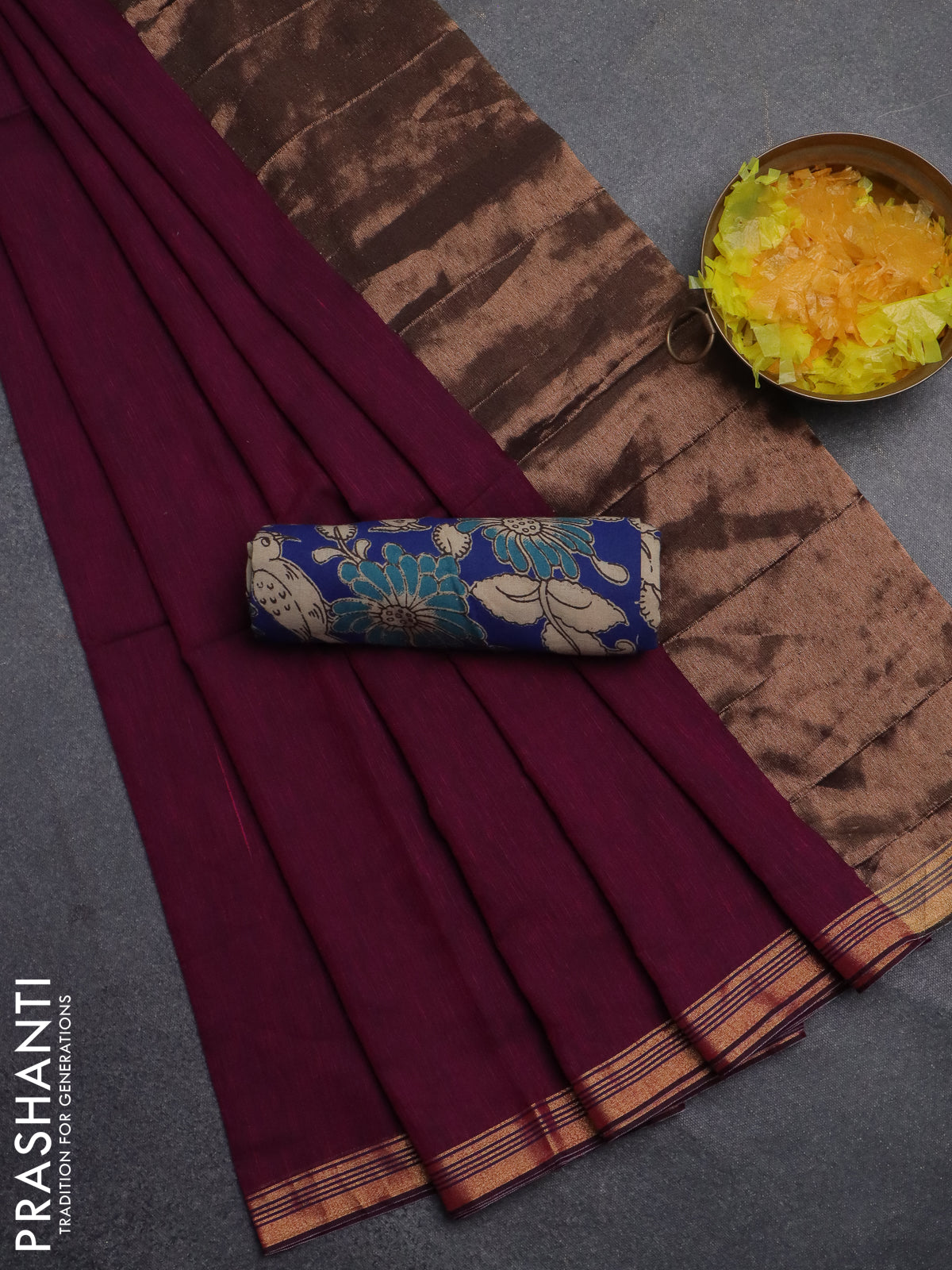 Bengal soft cotton saree dark magenta pink and blue with plain body and zari woven border
