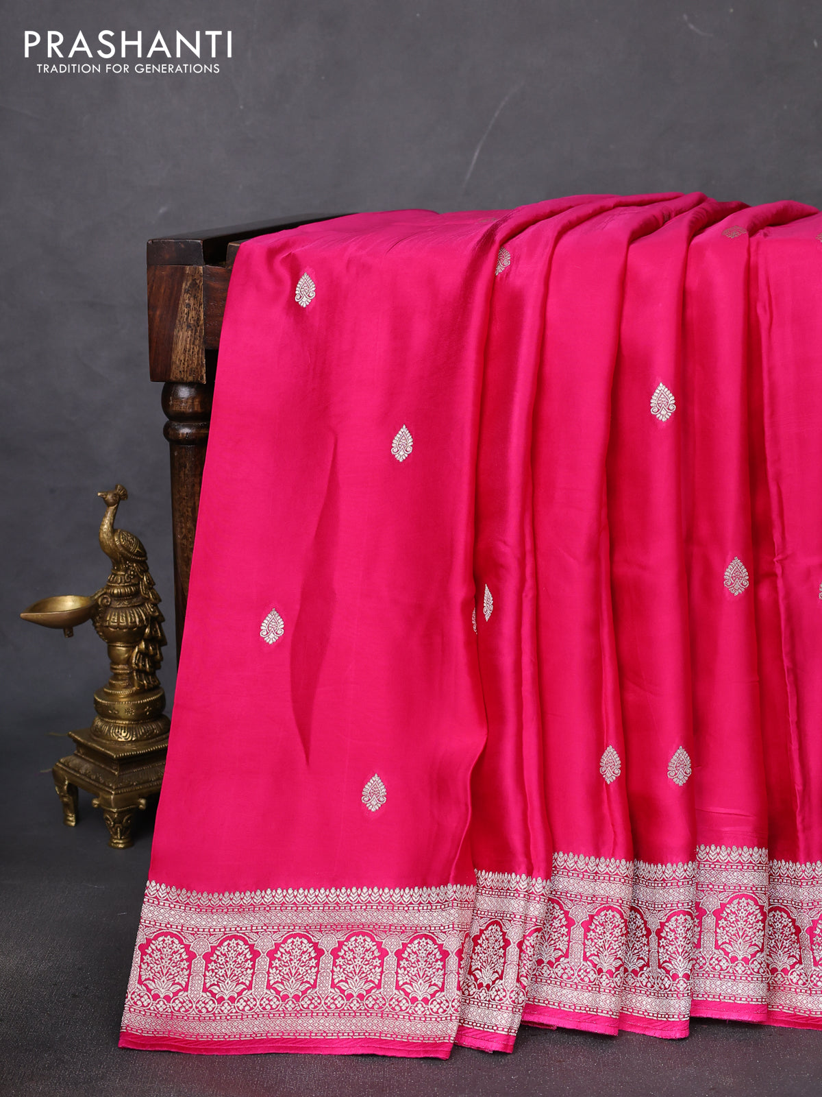 Banarasi semi mushru silk saree pink with zari woven buttas and zari woven border