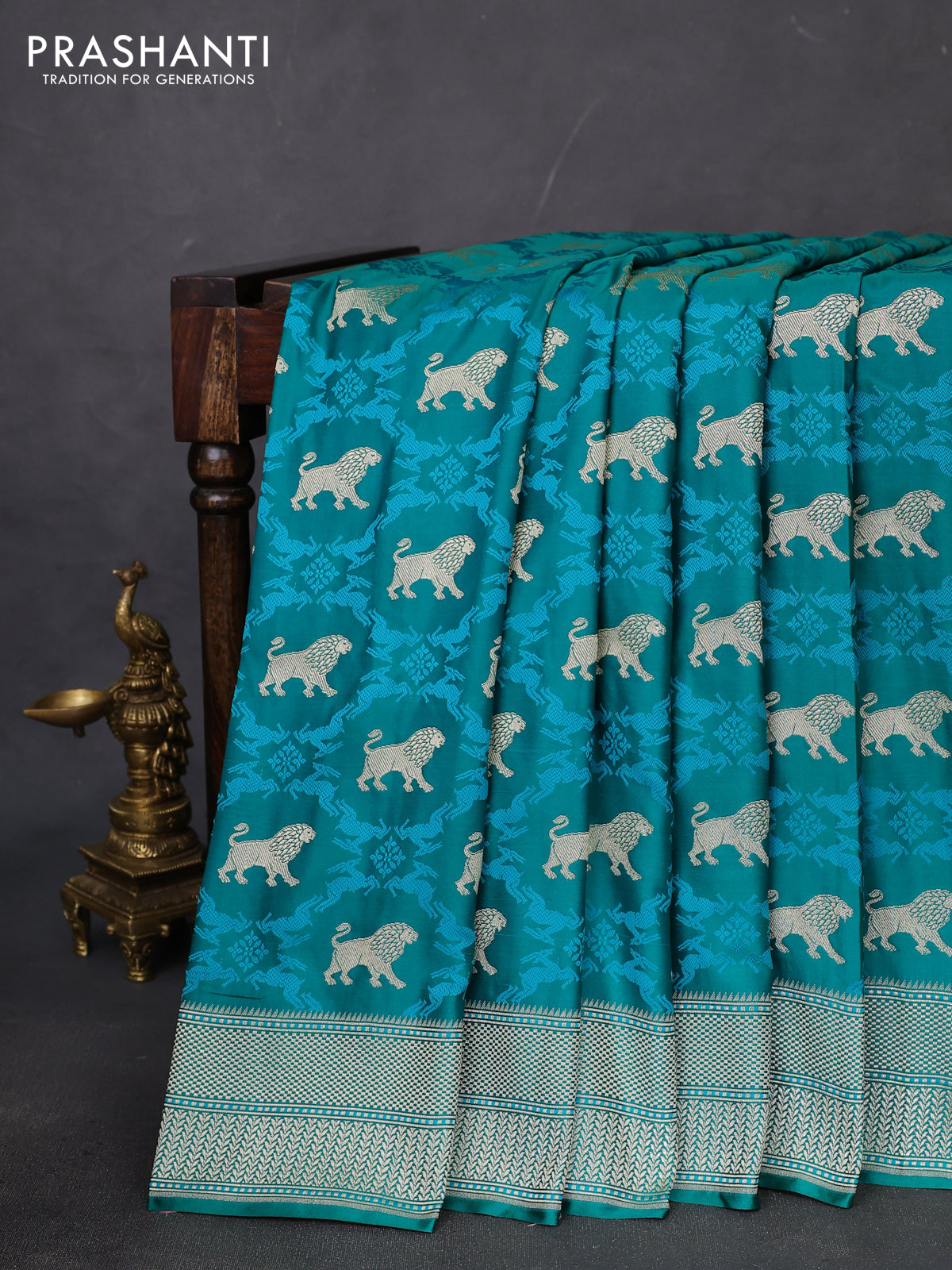 Banarasi semi mushru silk saree teal green with allover thread weaves & buttas and zari woven border