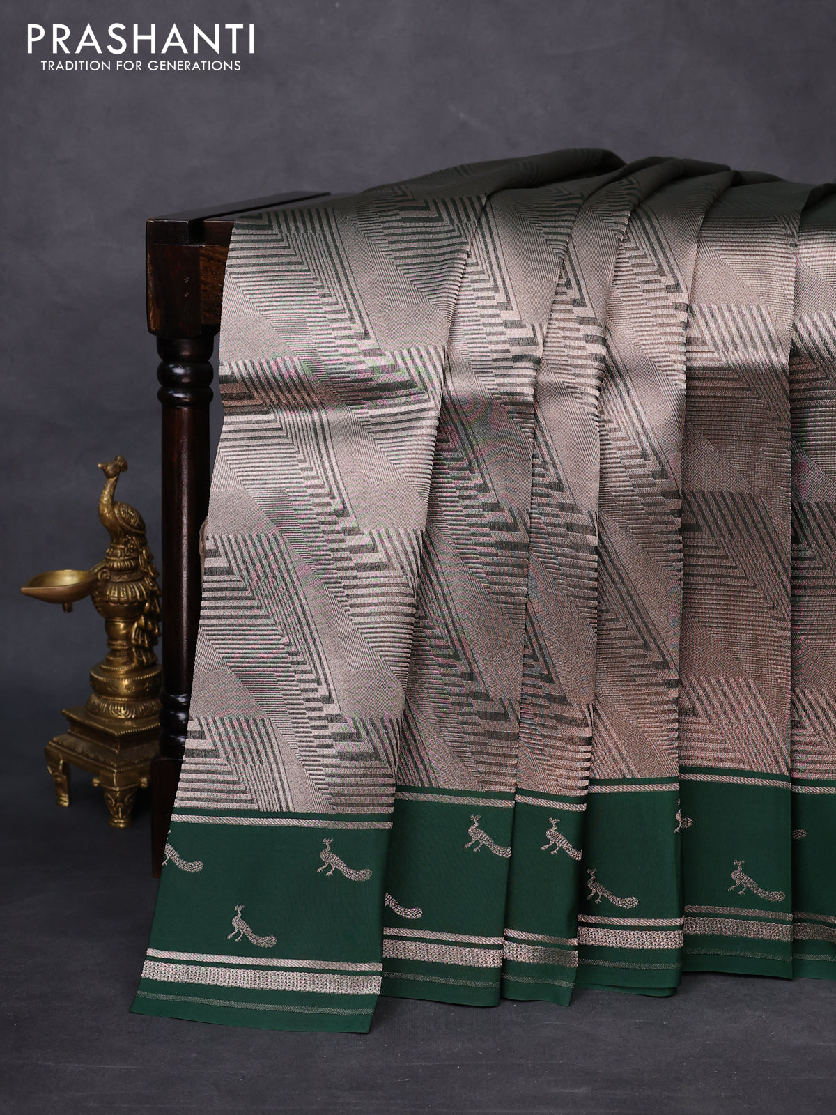 Banarasi katan silk saree green with allover silver zari woven brocade weaves and zari woven butta border
