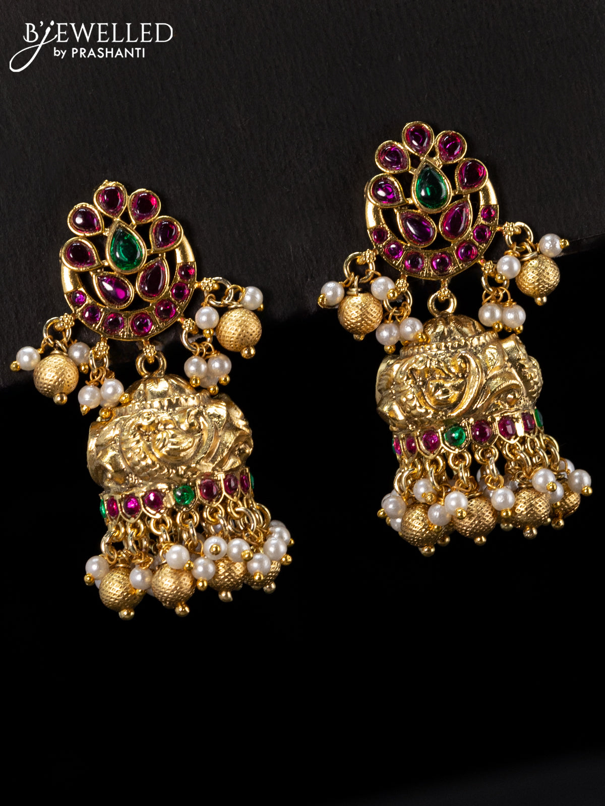 Antique jhumka with kemp stones and golden beads hangings