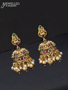 Antique jhumka lakshmi design with kemp stones and golden beads hangings