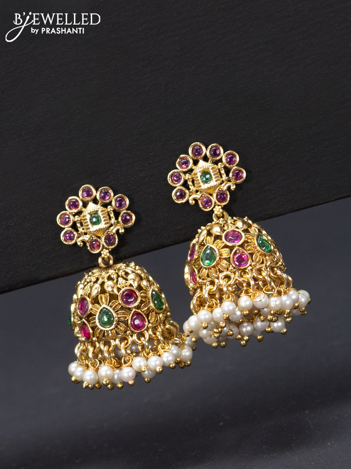 Antique jhumka with kemp stones and pearl hangings