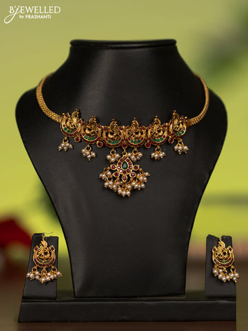 Antique attigai necklace peacock & chandbali design with kemp stones and pearl hangings