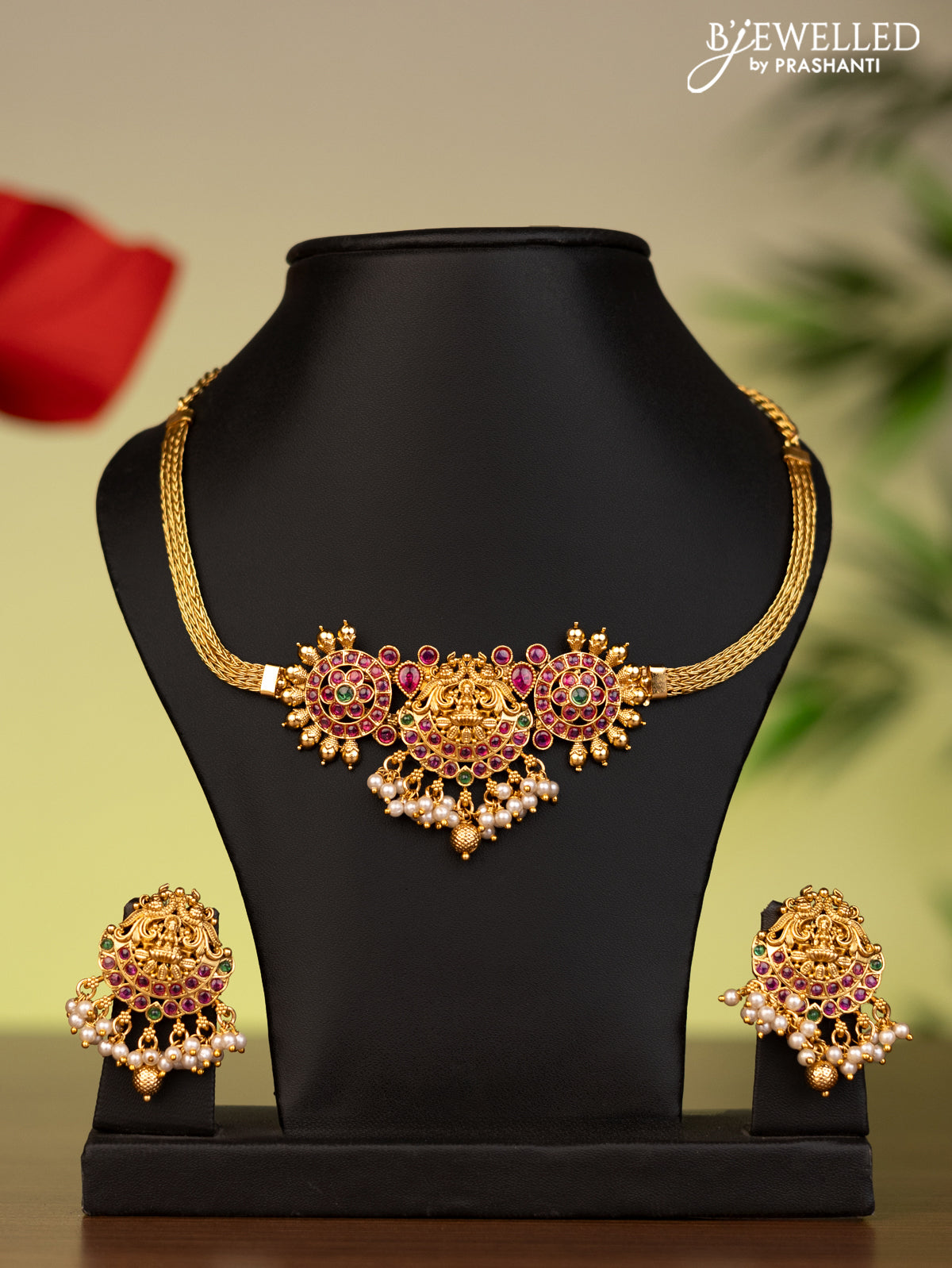 Antique attigai necklace lakshmi pendant with kemp stones and pearl & golden beads hangings