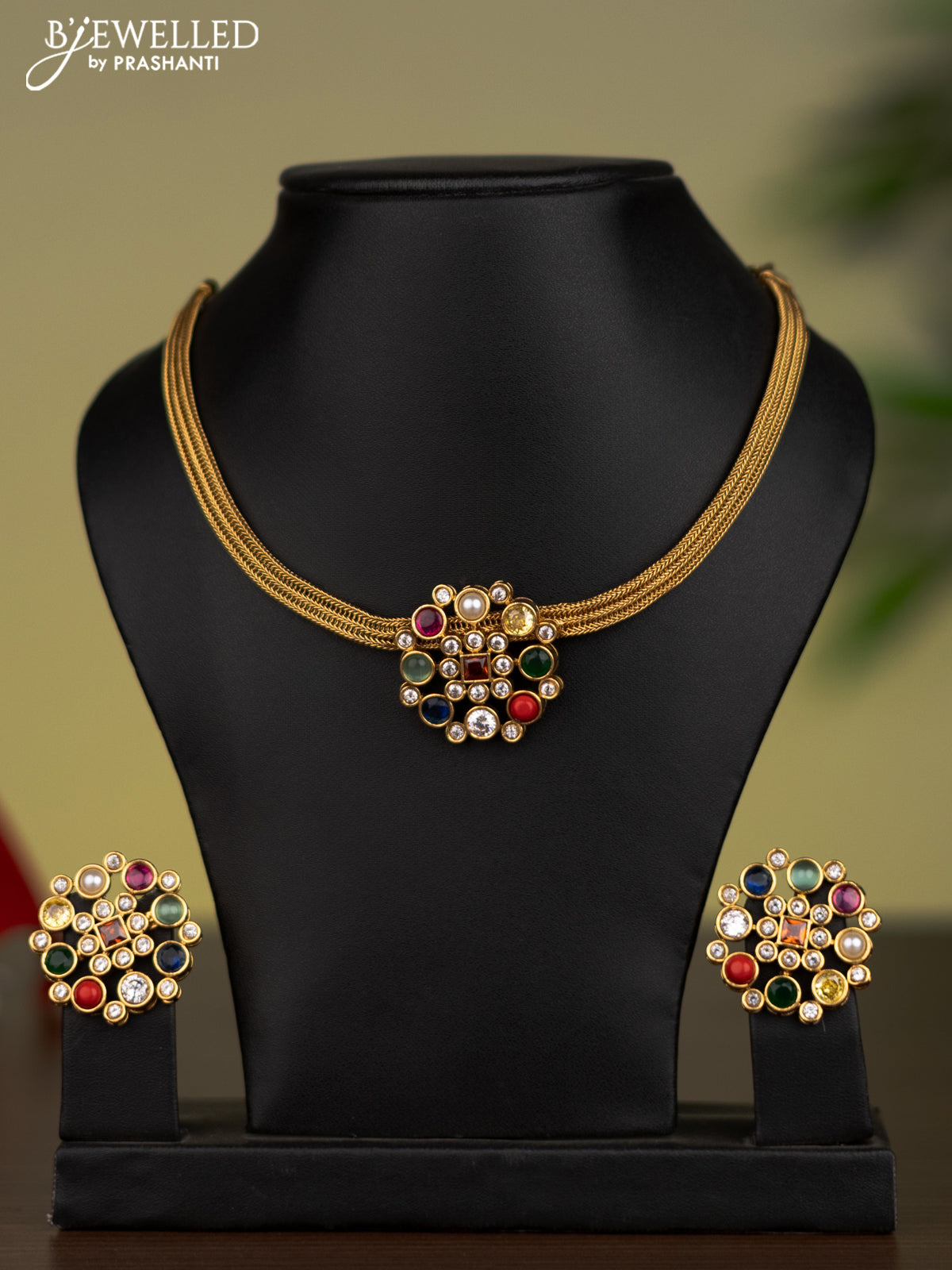 Antique attigai necklace with navaratna and cz stones