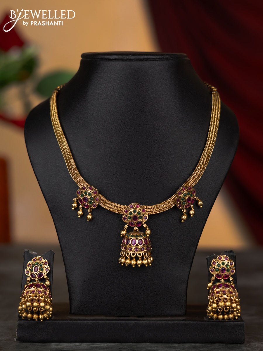 Antique attigai necklace with kemp stones and golden beads hangings