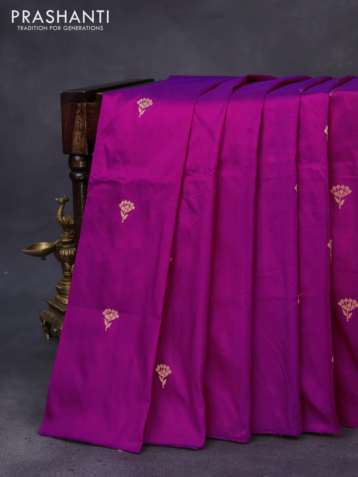 Banarasi katan silk saree dark magenta pink with zari woven buttas in borderless style