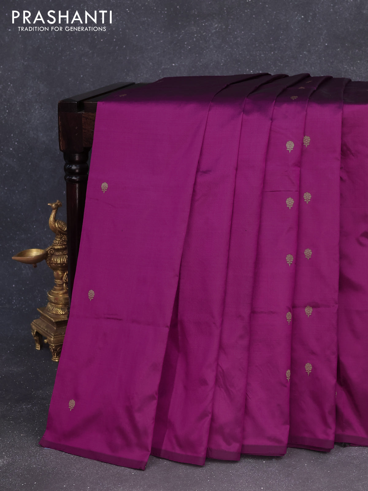 Banarasi katan silk saree dark magenta pink with zari woven buttas in borderless style