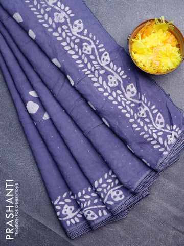 Batik cotton saree grey with allover sequin work & batik butta prints and printed lace work border