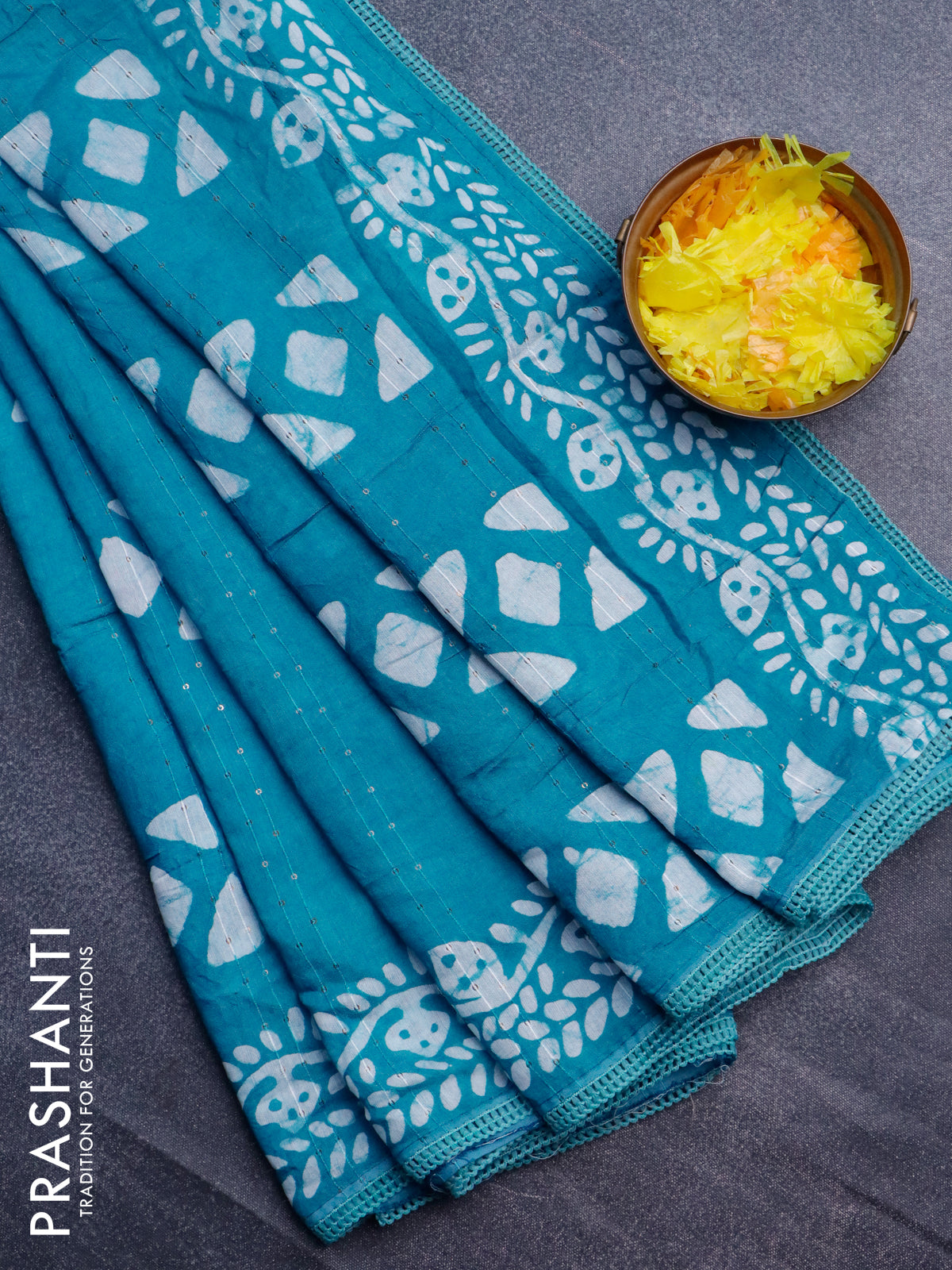 Batik cotton saree teal blue with allover sequin work & batik butta prints and printed lace work border