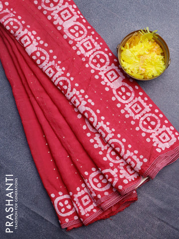 Batik cotton saree reddish pink with allover sequin work & batik butta prints and printed lace work border