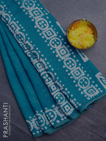 Batik cotton saree teal blue with allover sequin work & batik butta prints and printed lace work border