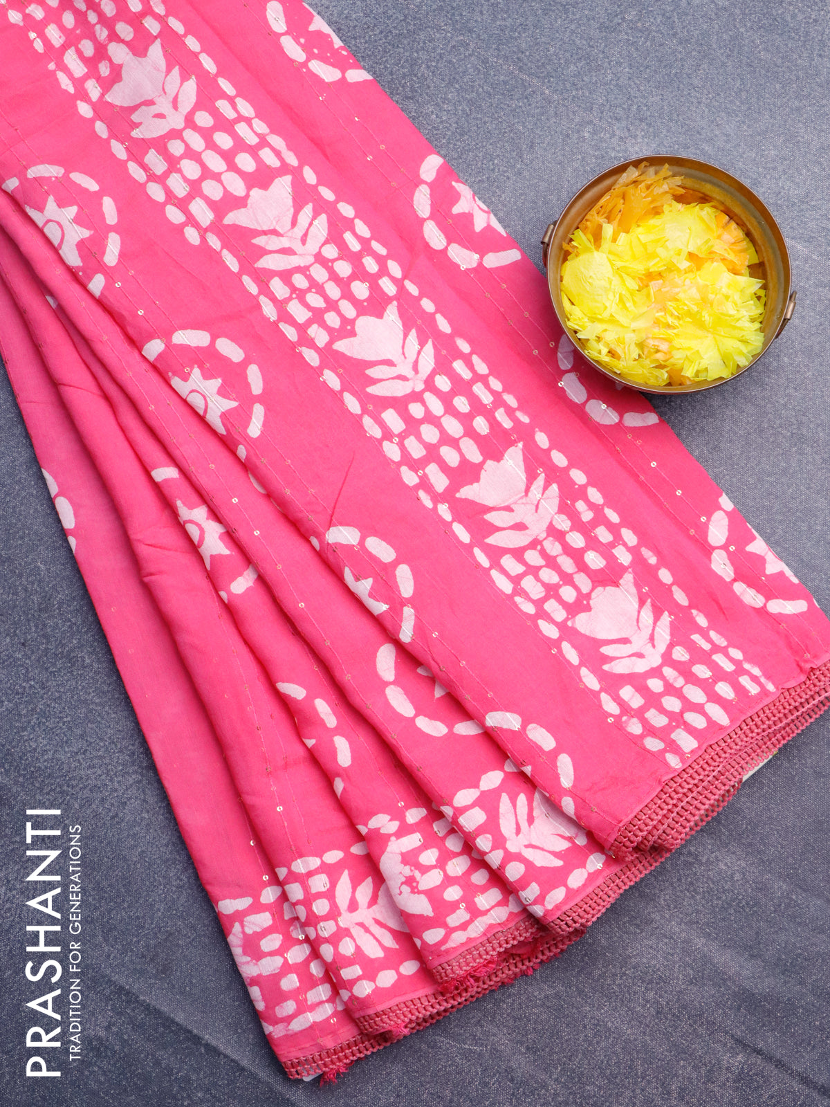 Batik cotton saree pink with allover sequin work & batik butta prints and printed lace work border