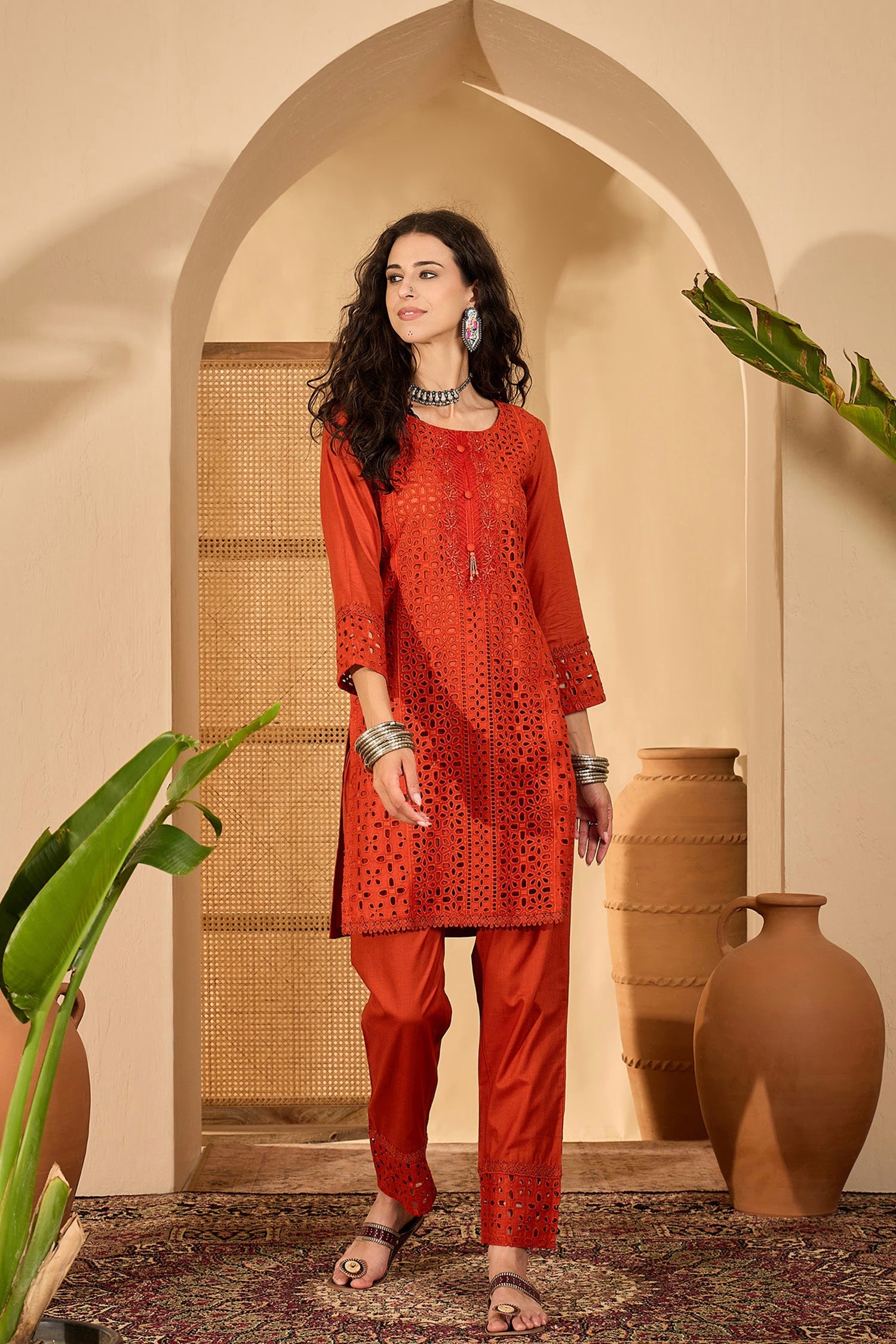 Rust Orange Cotton Thread Work Kurta Set