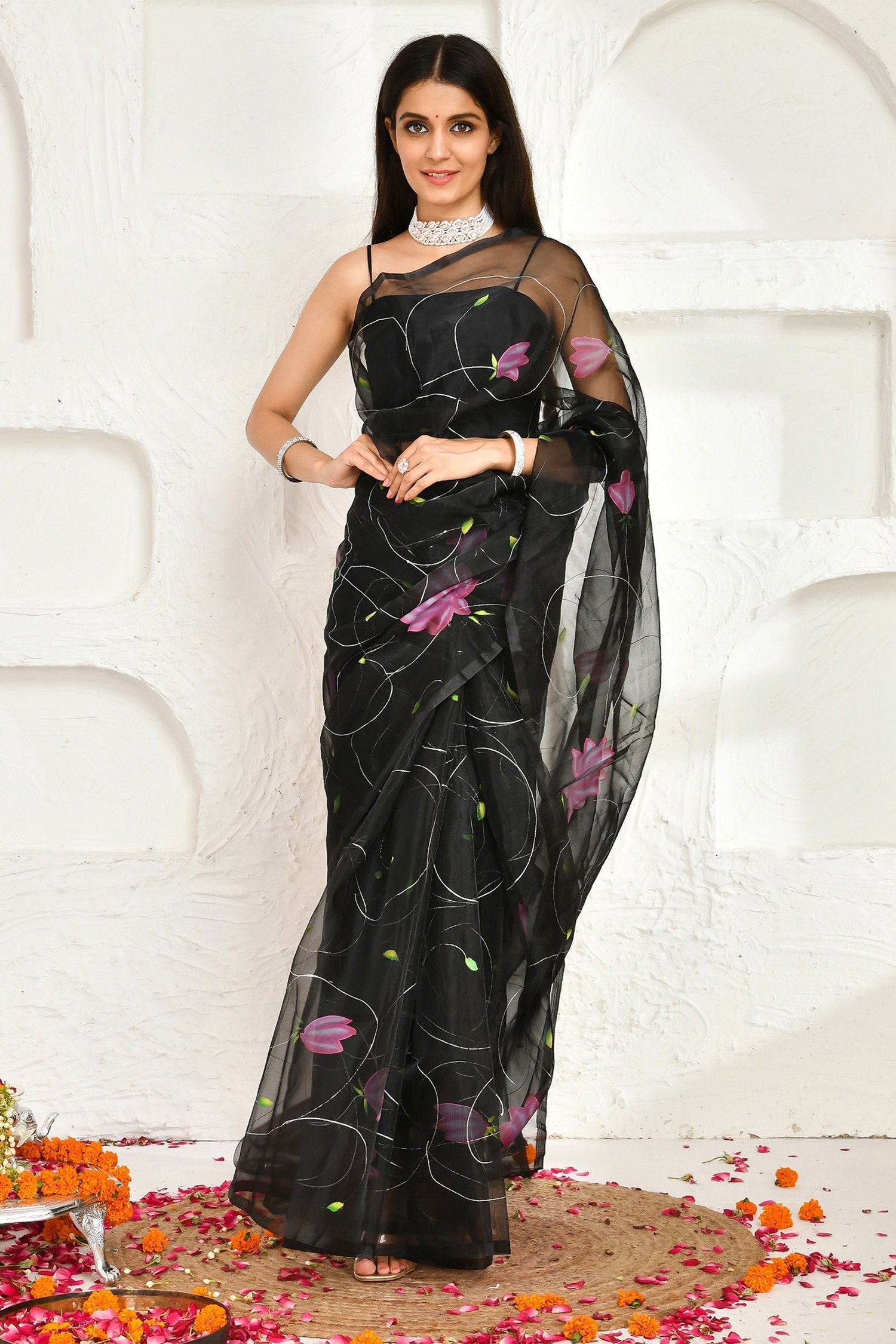 Black Floral Hand Painted Organza Saree