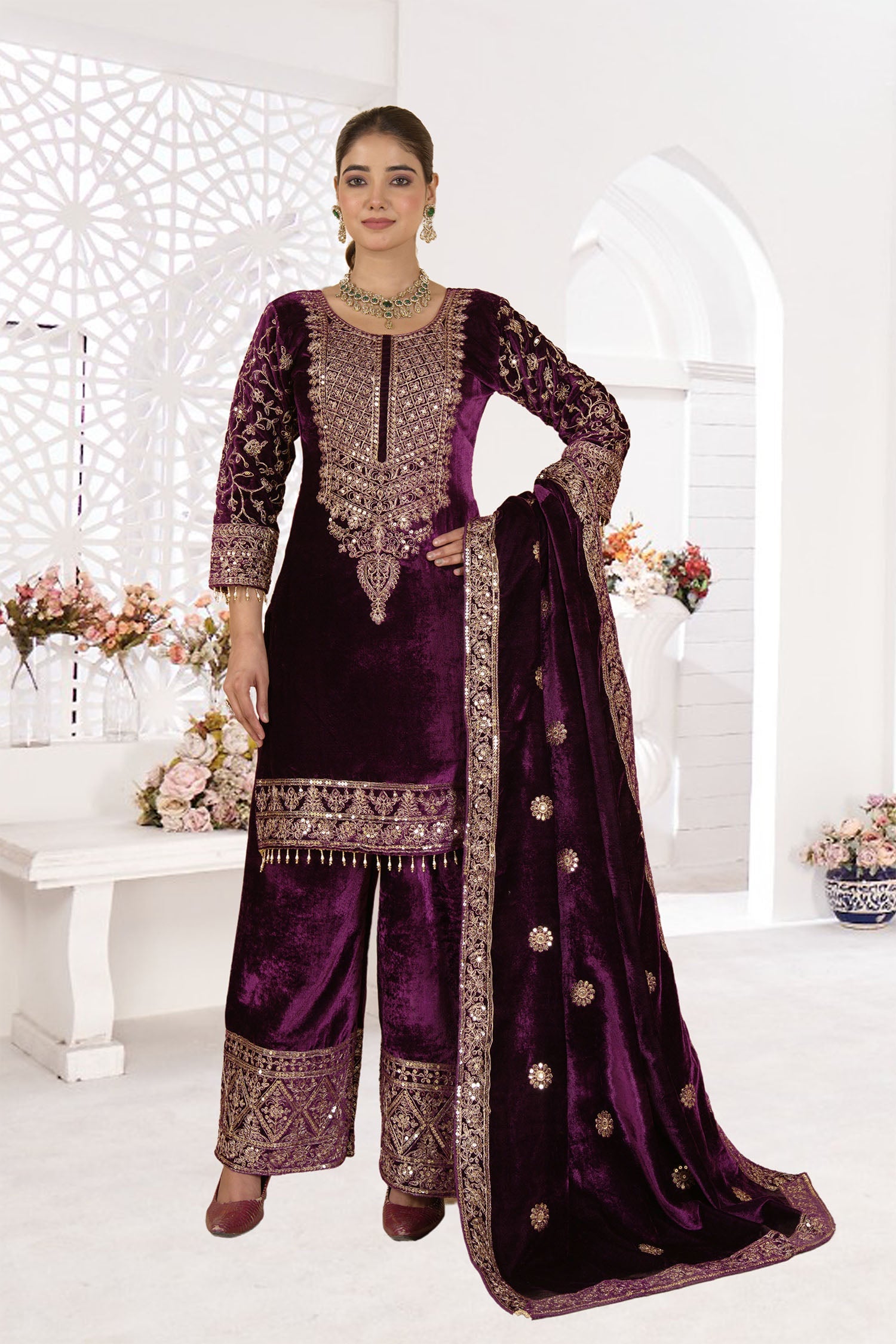 Dark Wine Velvet Embroidered Kurti Set