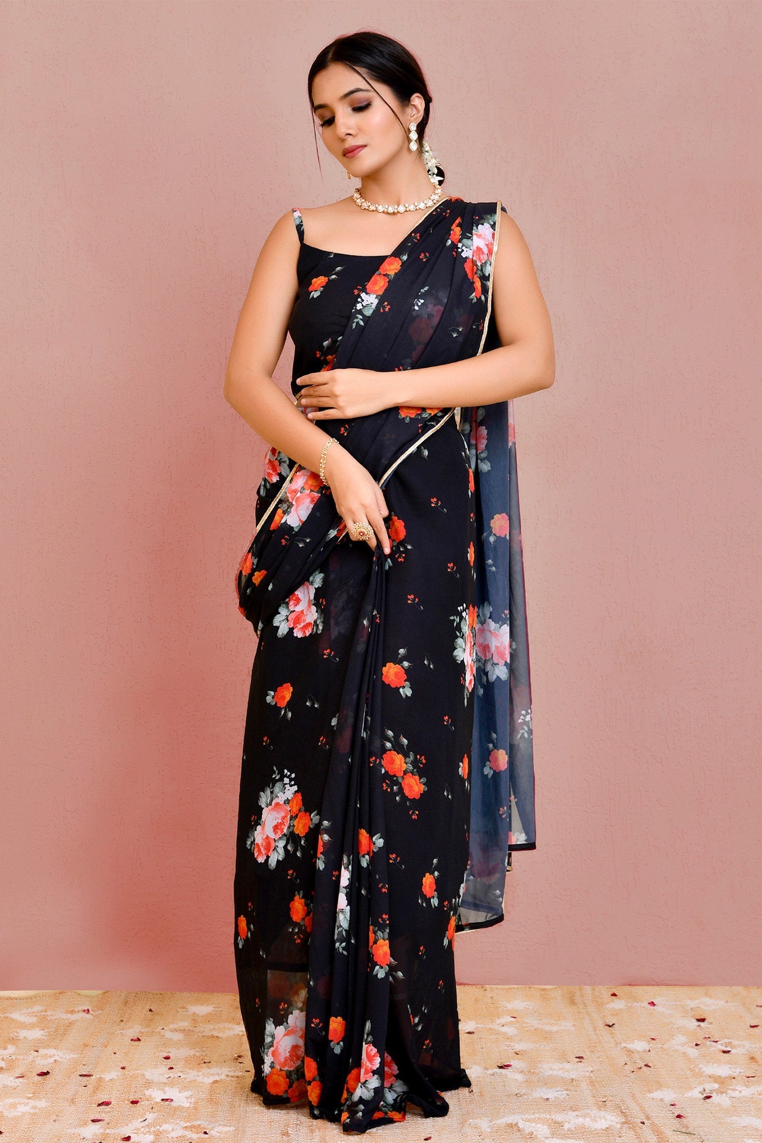 Black Georgette Ready-Made Saree With Floral Prints