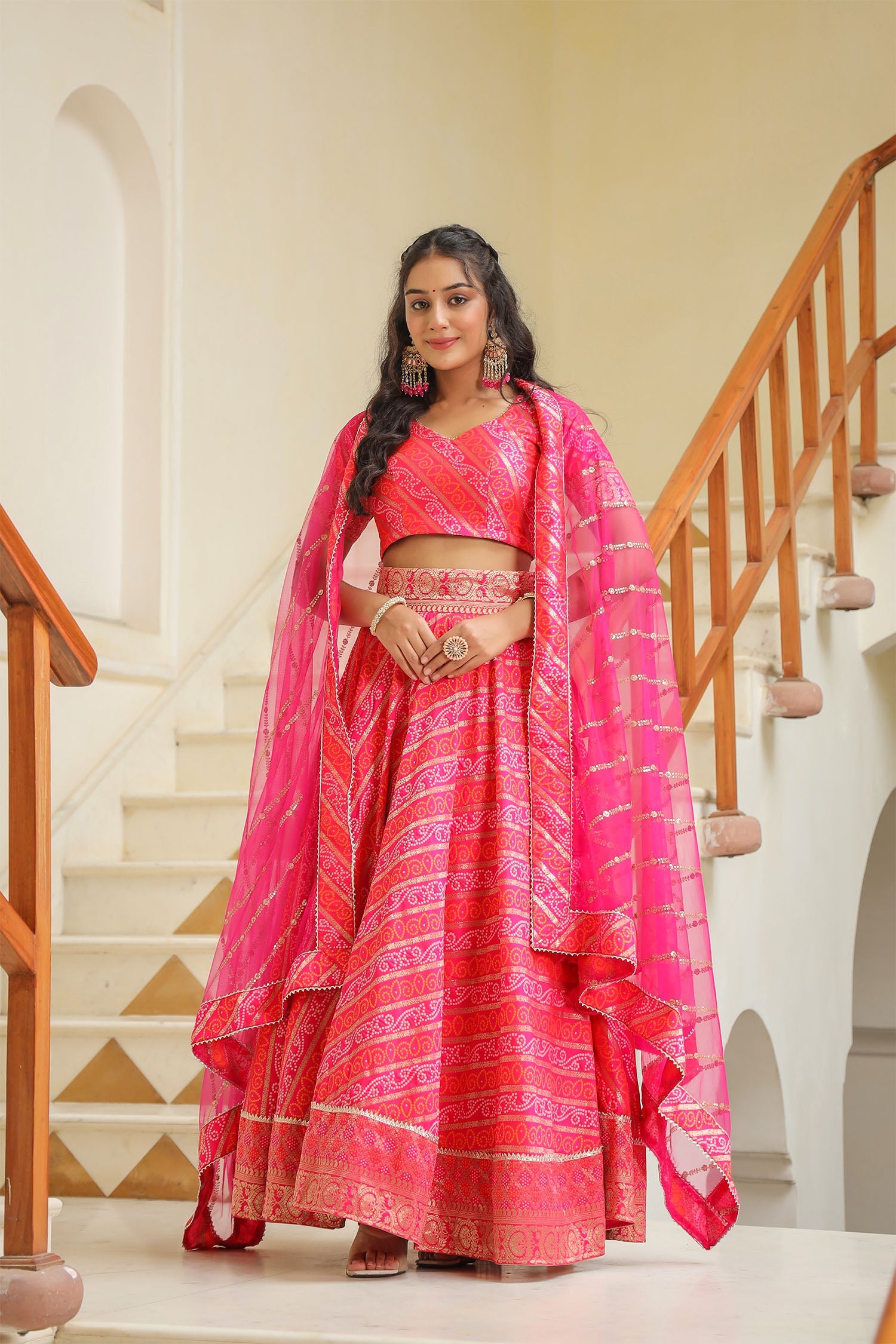 Bright Pink Brocade Silk Bandhani Printed Lehenga Set