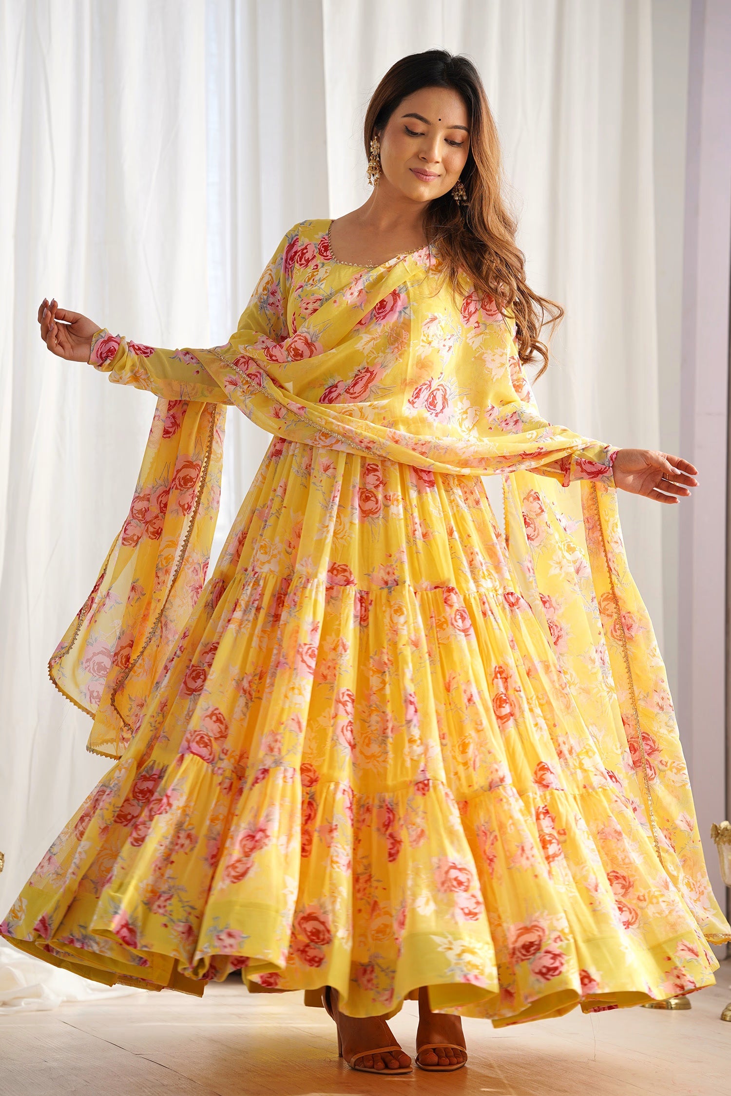 Bright Yellow Georgette Floral Printed Anarkali Set