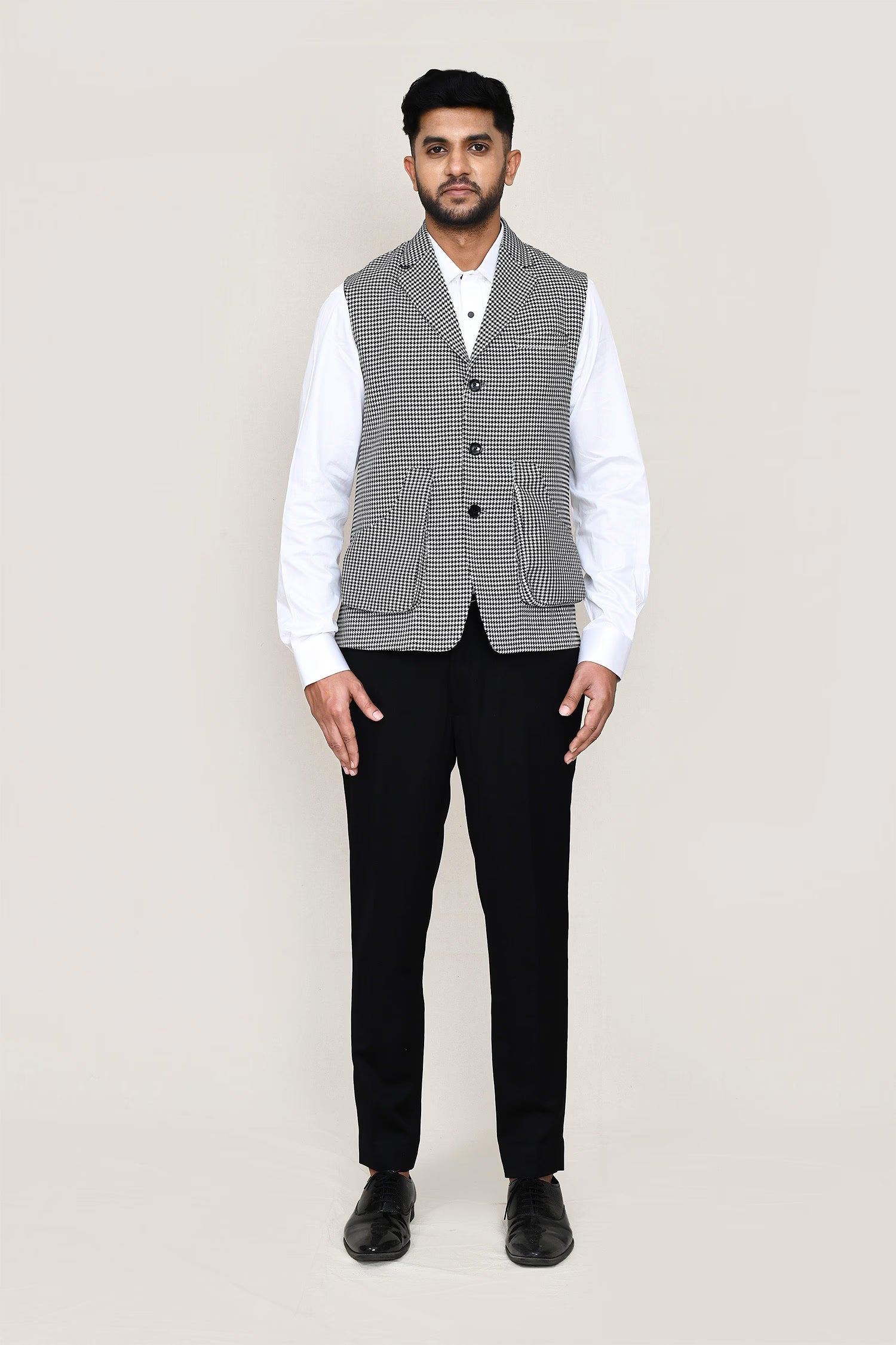 Black And White Cotton Satin Jacket With Checks Print
