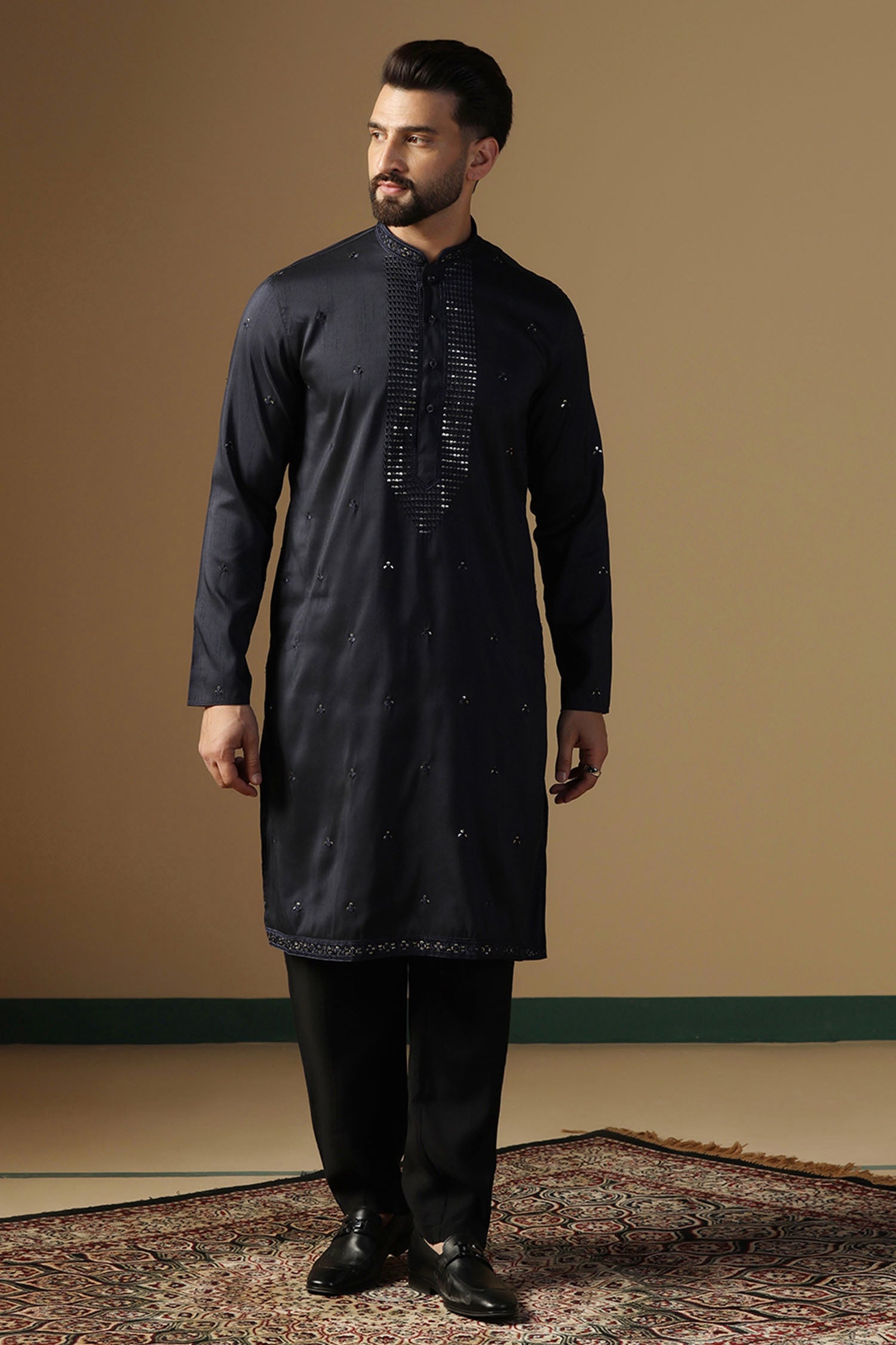 Black Silk Blend Embroidered Kurta