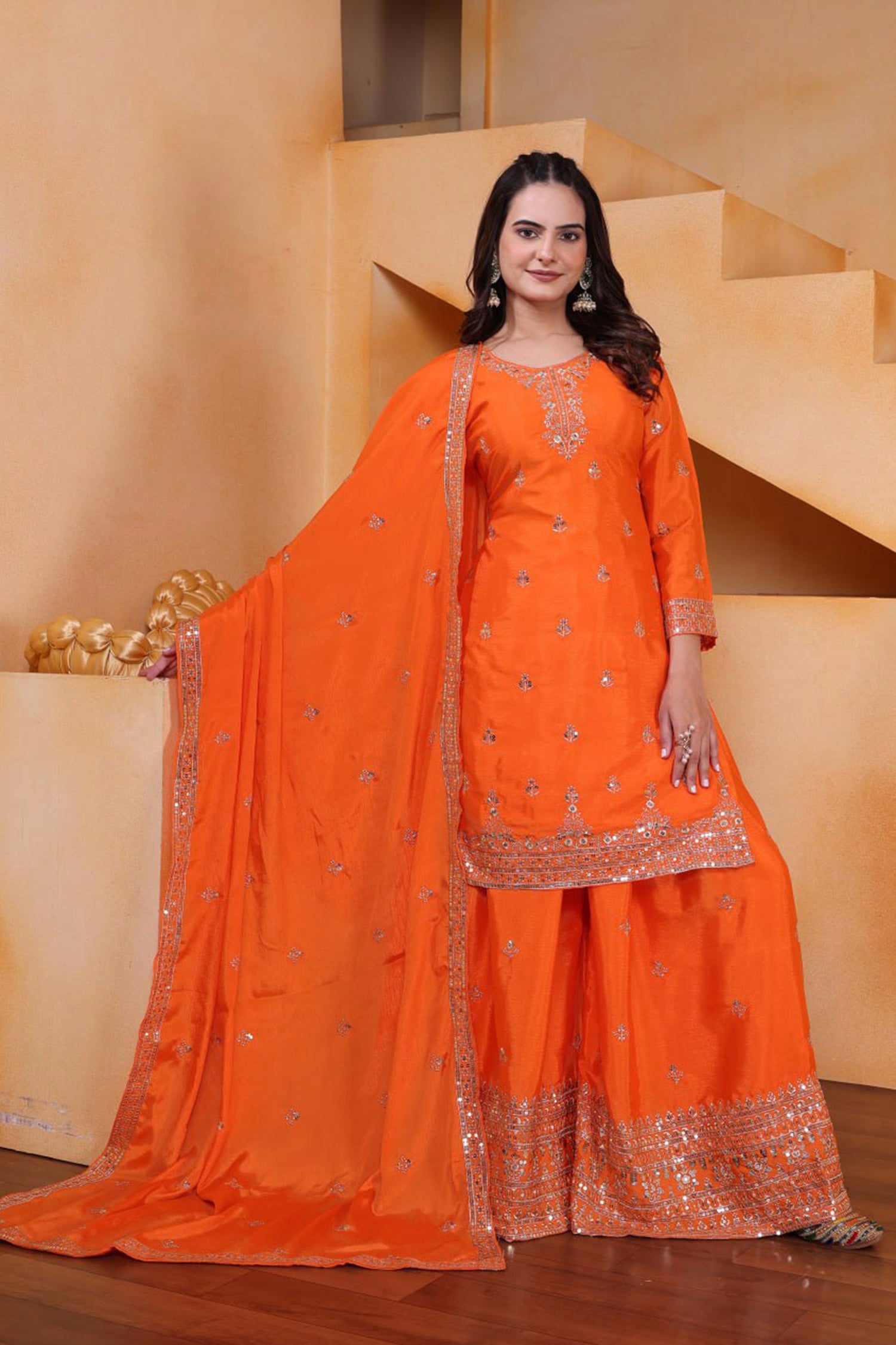 Bright Orange Silk Embroidered Sharara Set