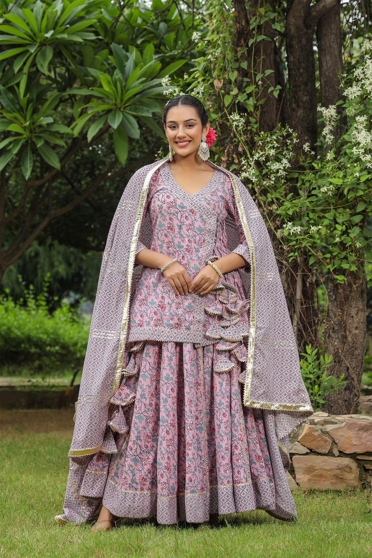 Blossom Pink Cotton Floral Printed Lehenga Set