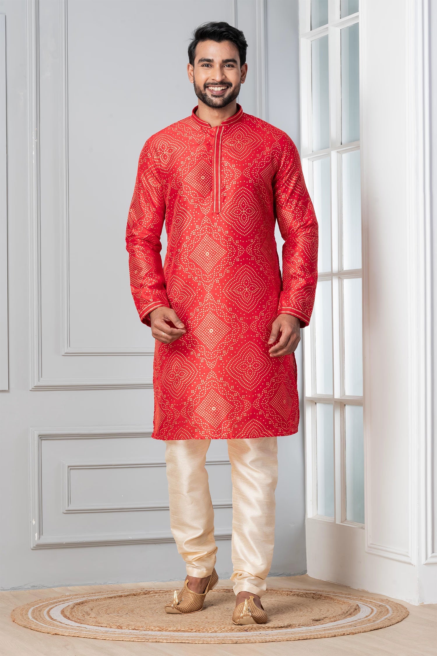 Bright Red Printed Bandhani Dupion Silk Kurta Set