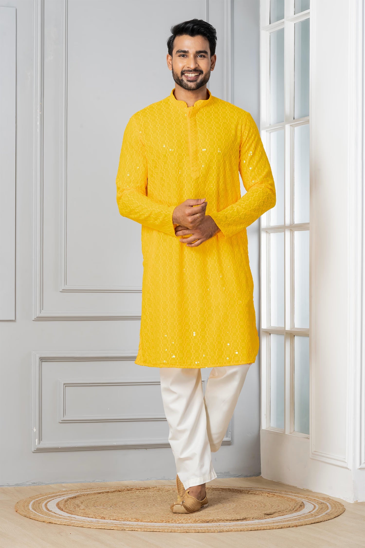 Bright Yellow Cotton Silk Embroidered Kurta Set
