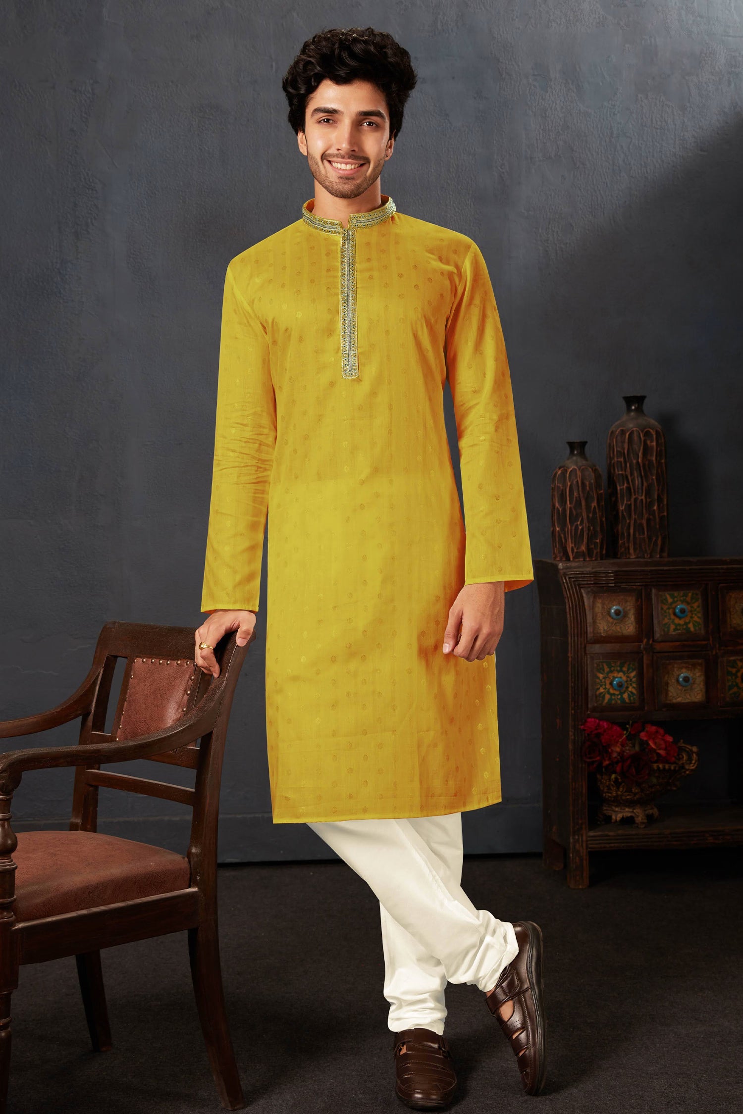 Bright Yellow Cotton Kurta Set With Embroidered Neck