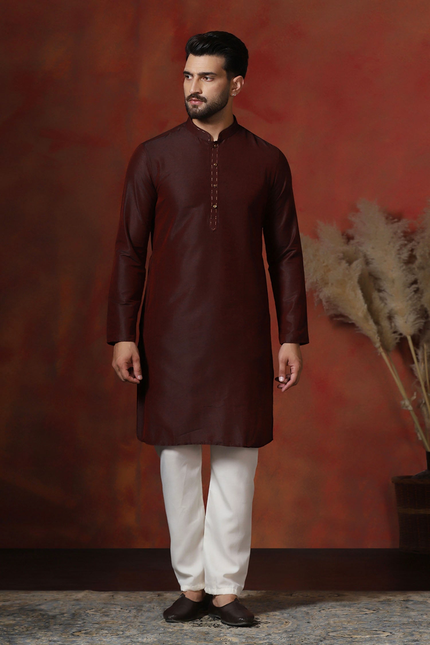 Aubergine Brown Solid Dupion Kurta Set