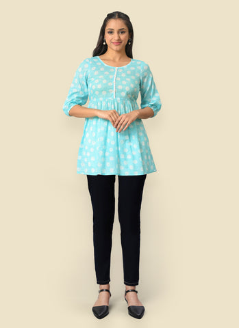 Blue Pure Cotton Flared Kurti and Jegging Set