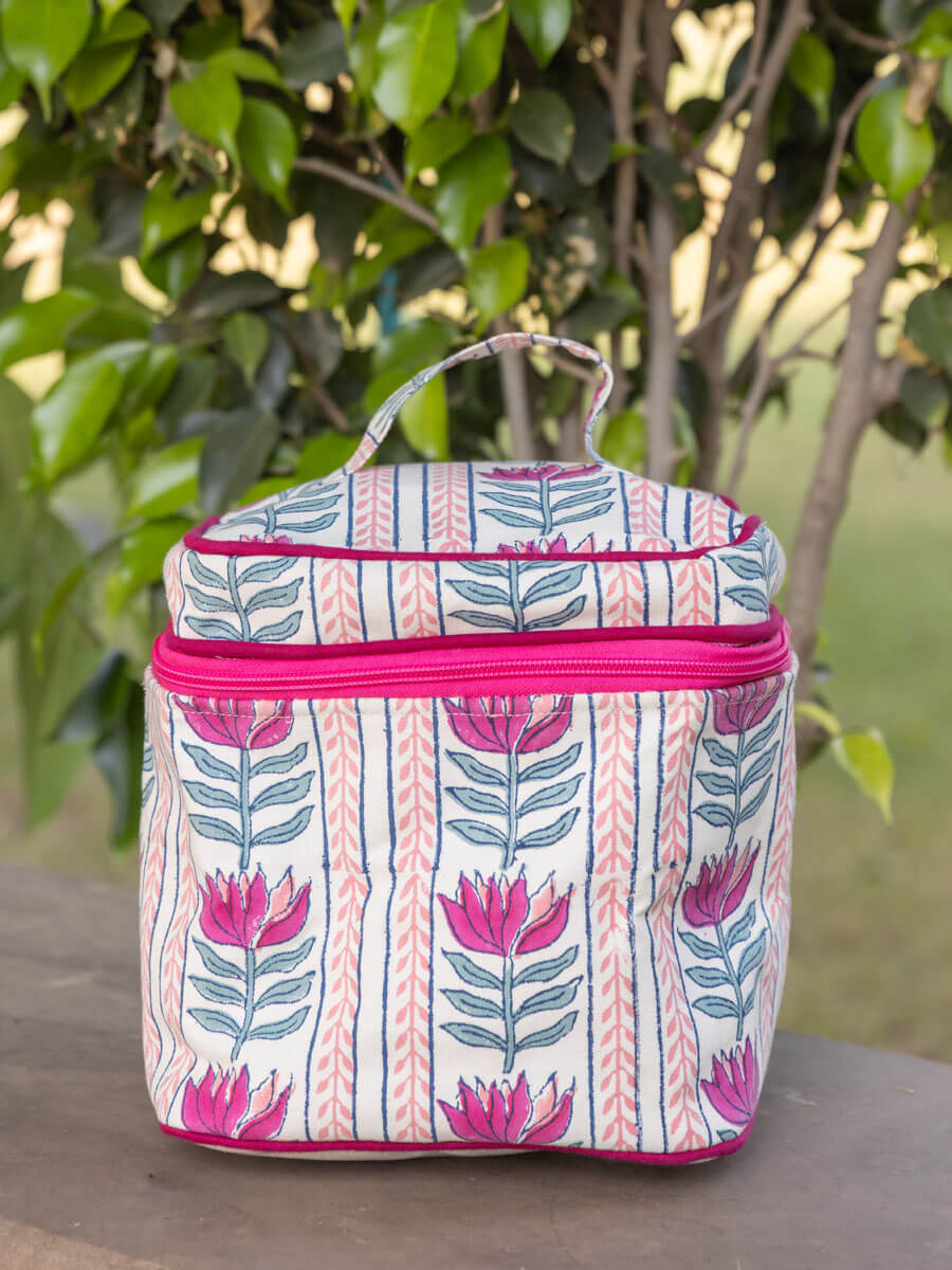 Lotus Love Block Printed Cotton Travel Vanity Case