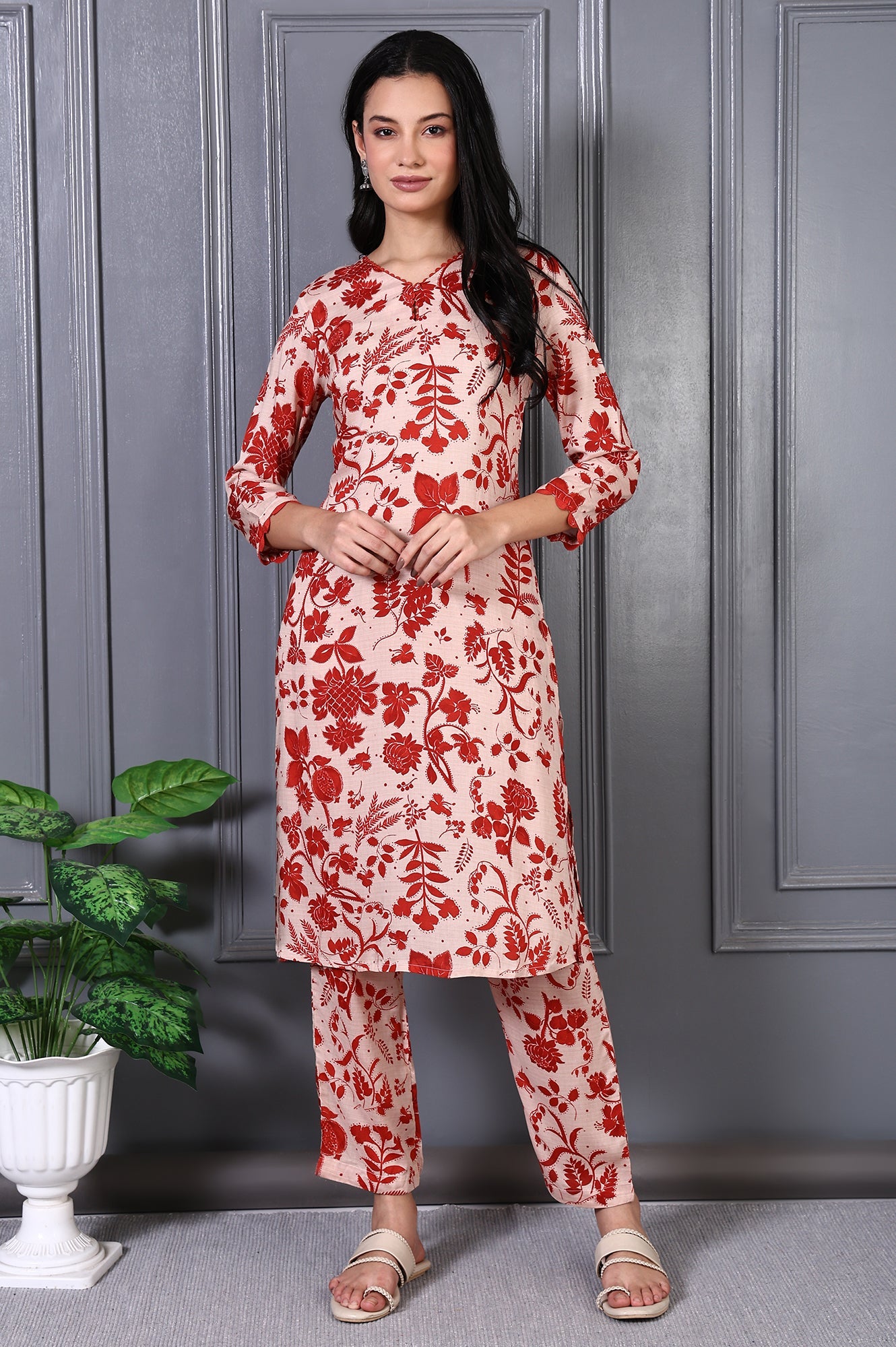 Beige Floral Print Lace Trim A-Line Modal Kurta