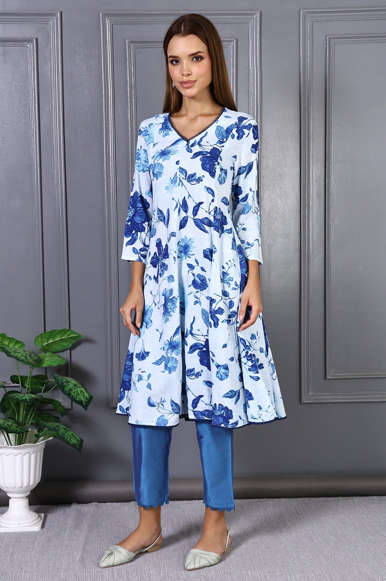 Blue Floral Printed Lace Rayon Flared Kurta