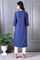 Blue Embroidered Printed Thread Embroidery Rayon Flax A-line Kurta