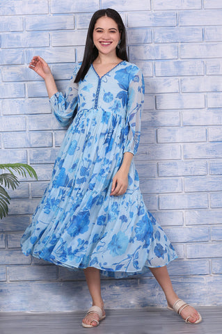 Blue Floral Printed Beaded Dress with Lace